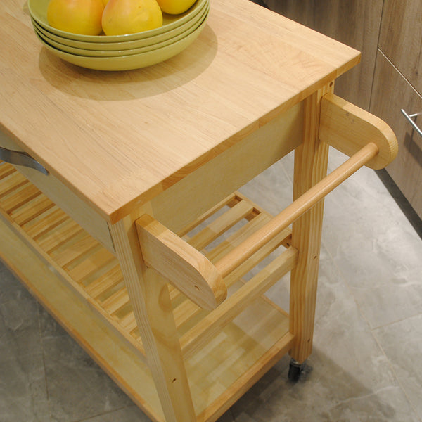 English Elm Kitchen Island Cart Rolling Trolley with Rubber Wood Top, Two Drawers, Towel Rack & Lockable Wheels Natural W42049334