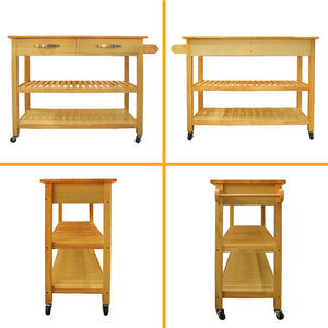 English Elm Kitchen Island Cart Rolling Trolley with Rubber Wood Top, Two Drawers, Towel Rack & Lockable Wheels Natural W42049334