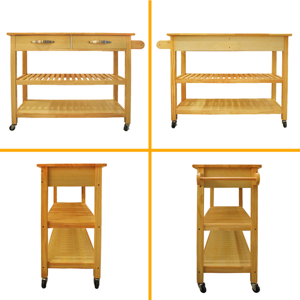 English Elm Kitchen Island Cart Rolling Trolley with Rubber Wood Top, Two Drawers, Towel Rack & Lockable Wheels Natural W42049334