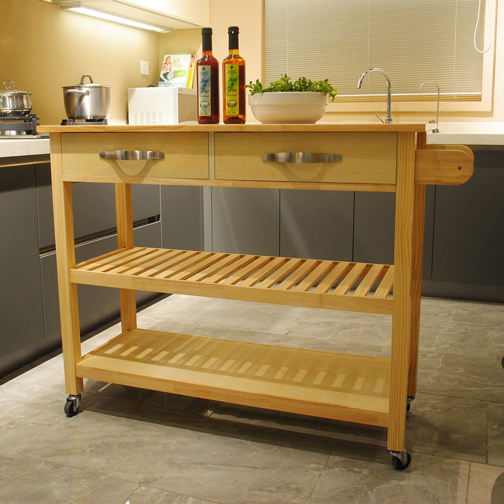 English Elm Kitchen Island Cart Rolling Trolley with Rubber Wood Top, Two Drawers, Towel Rack & Lockable Wheels Natural W42049334