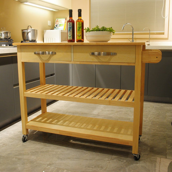 English Elm Kitchen Island Cart Rolling Trolley with Rubber Wood Top, Two Drawers, Towel Rack & Lockable Wheels Natural W42049334
