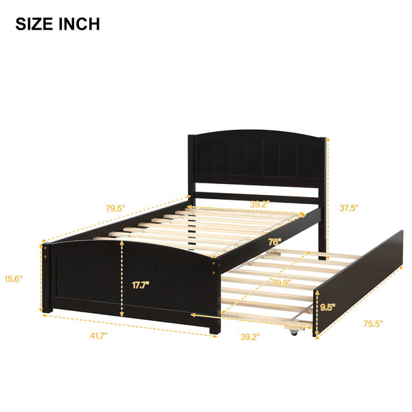 English Elm Twin Platform Bed with Roll-out Trundle Espresso Wood Frame for Kids or Guests WF194304AAP
