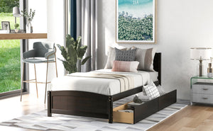 English Elm Twin Storage Platform Bed with Two Under Drawers Pine Slats No Box Spring Needed Espresso WF194280AAP