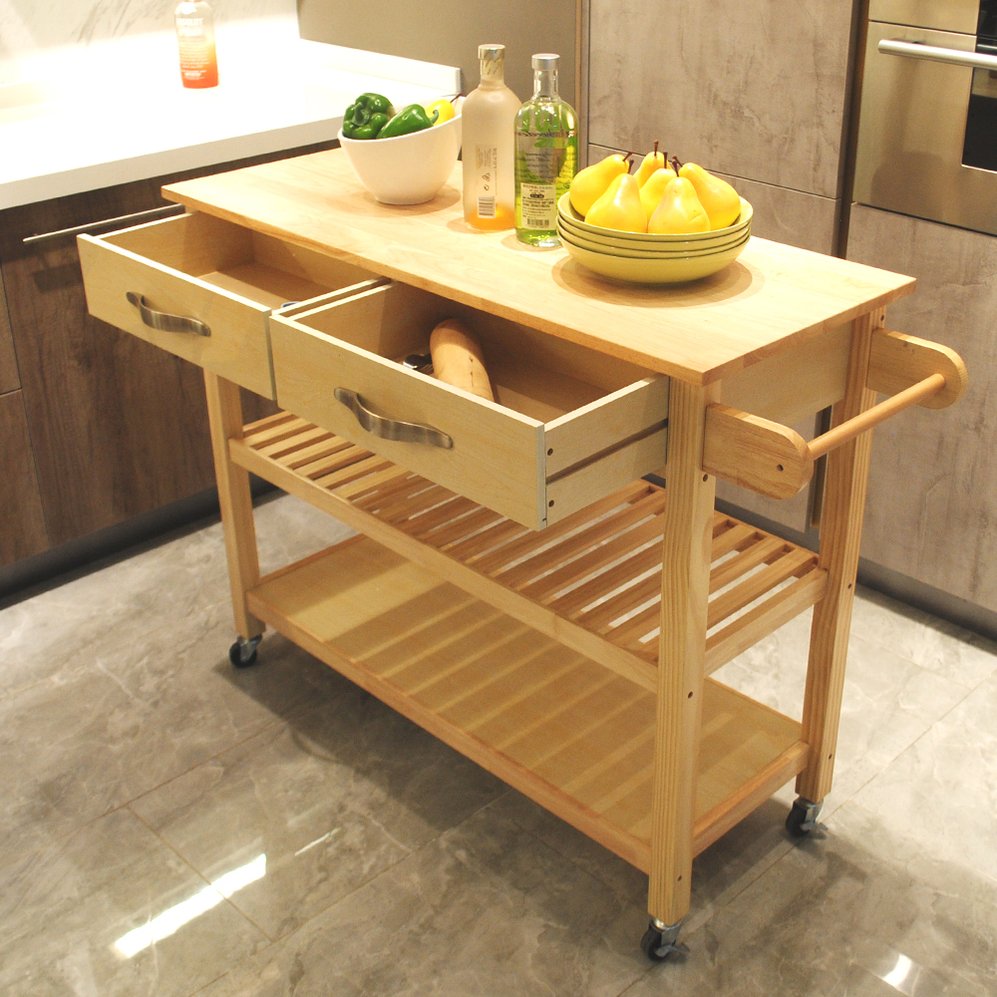 English Elm Kitchen Island Cart Rolling Trolley with Rubber Wood Top, Two Drawers, Towel Rack & Lockable Wheels Natural W42049334