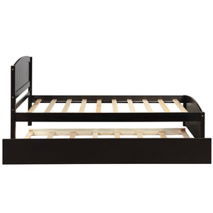 English Elm Twin Platform Bed with Roll-out Trundle Espresso Wood Frame for Kids or Guests WF194304AAP