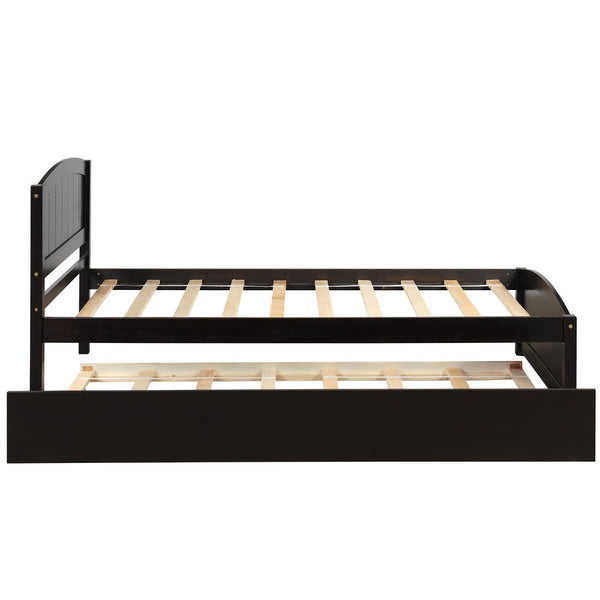 English Elm Twin Platform Bed with Roll-out Trundle Espresso Wood Frame for Kids or Guests WF194304AAP