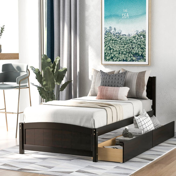 English Elm Twin Storage Platform Bed with Two Under Drawers Pine Slats No Box Spring Needed Espresso WF194280AAP