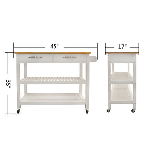 English Elm Kitchen Island Cart Rolling Trolley with Rubber Wood Top, Two Drawers, Towel Rack & Lockable Wheels White W42049336