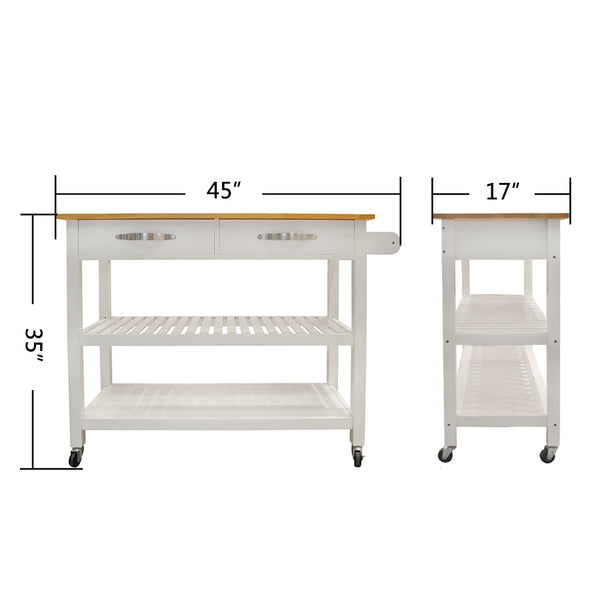 English Elm Kitchen Island Cart Rolling Trolley with Rubber Wood Top, Two Drawers, Towel Rack & Lockable Wheels White W42049336