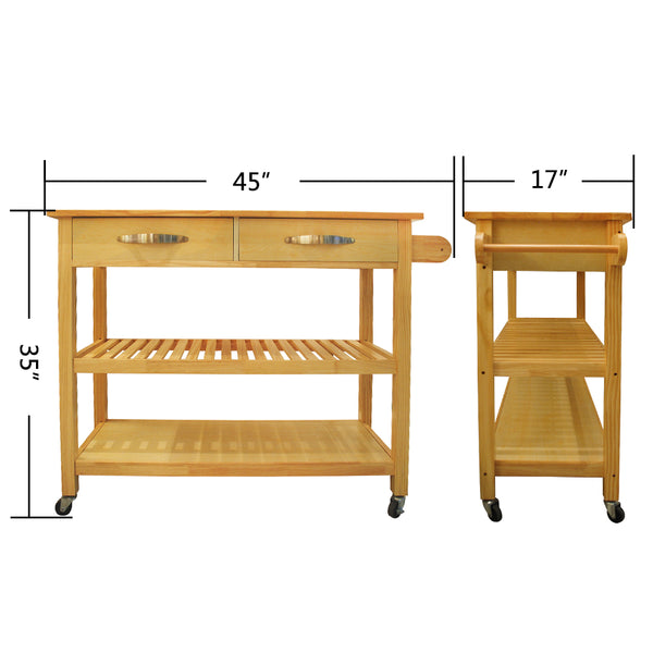 English Elm Kitchen Island Cart Rolling Trolley with Rubber Wood Top, Two Drawers, Towel Rack & Lockable Wheels Natural W42049334