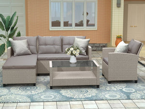English Elm U_style 4 Piece Outdoor Wicker Sectional Sofa Set with Tufted Cushions Glass Table WY000066EAA