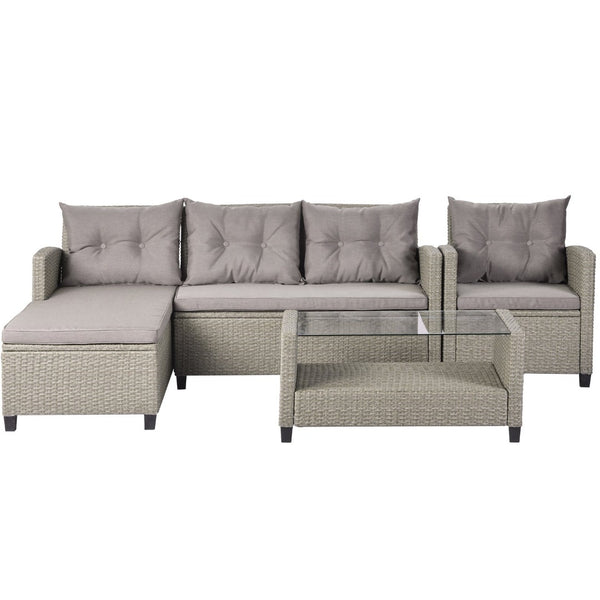 English Elm U_style 4 Piece Outdoor Wicker Sectional Sofa Set with Tufted Cushions Glass Table WY000066EAA