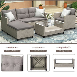 English Elm U_style 4 Piece Outdoor Wicker Sectional Sofa Set with Tufted Cushions Glass Table WY000066EAA