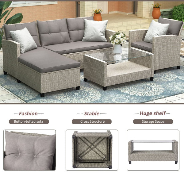 English Elm U_style 4 Piece Outdoor Wicker Sectional Sofa Set with Tufted Cushions Glass Table WY000066EAA