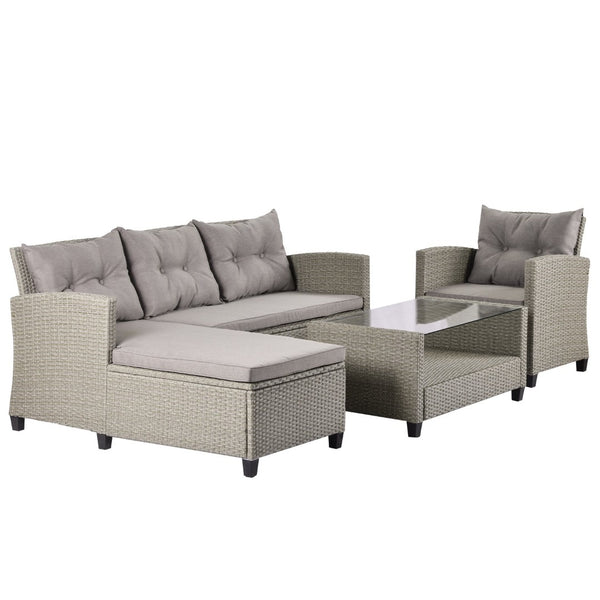 English Elm U_style 4 Piece Outdoor Wicker Sectional Sofa Set with Tufted Cushions Glass Table WY000066EAA