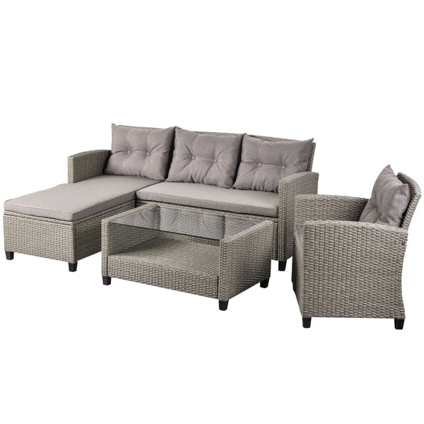 English Elm U_style 4 Piece Outdoor Wicker Sectional Sofa Set with Tufted Cushions Glass Table WY000066EAA