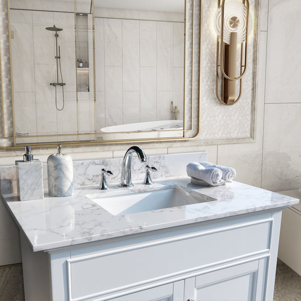 English Elm Montary 37" Carrara Stone Vanity Top Kit With Undermount Sink & Backsplash - Easy Install, Elegant Design W50921981