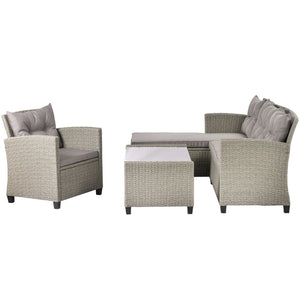 English Elm U_style 4 Piece Outdoor Wicker Sectional Sofa Set with Tufted Cushions Glass Table WY000066EAA