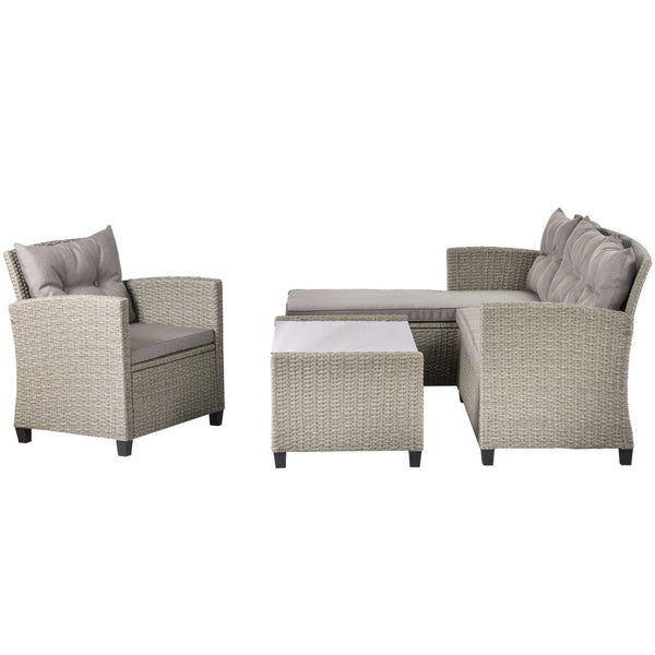 English Elm U_style 4 Piece Outdoor Wicker Sectional Sofa Set with Tufted Cushions Glass Table WY000066EAA