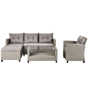 English Elm U_style 4 Piece Outdoor Wicker Sectional Sofa Set with Tufted Cushions Glass Table WY000066EAA