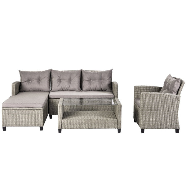 English Elm U_style 4 Piece Outdoor Wicker Sectional Sofa Set with Tufted Cushions Glass Table WY000066EAA
