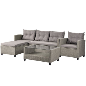English Elm U_style 4 Piece Outdoor Wicker Sectional Sofa Set with Tufted Cushions Glass Table WY000066EAA