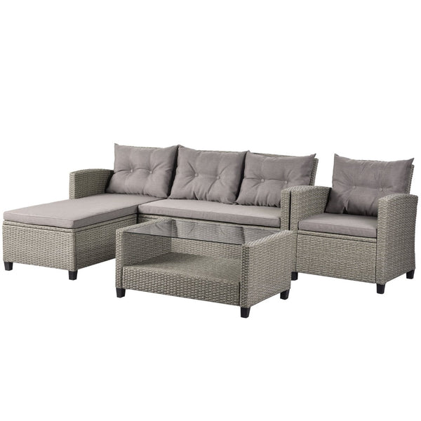 English Elm U_style 4 Piece Outdoor Wicker Sectional Sofa Set with Tufted Cushions Glass Table WY000066EAA