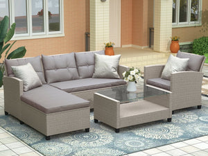 English Elm U_style 4 Piece Outdoor Wicker Sectional Sofa Set with Tufted Cushions Glass Table WY000066EAA