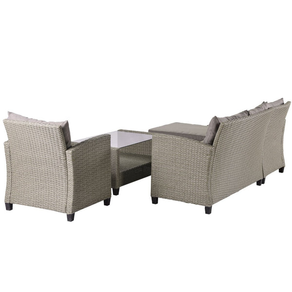 English Elm U_style 4 Piece Outdoor Wicker Sectional Sofa Set with Tufted Cushions Glass Table WY000066EAA