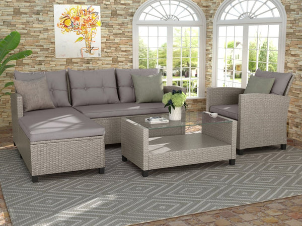 English Elm U_style 4 Piece Outdoor Wicker Sectional Sofa Set with Tufted Cushions Glass Table WY000066EAA