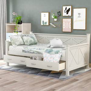 English Elm Twin Solid Wood Daybed with Rustic X Frame, Cream White, Twin Size with 2 Large Under-Bed Drawers and Sturdy Support GX000210AAK