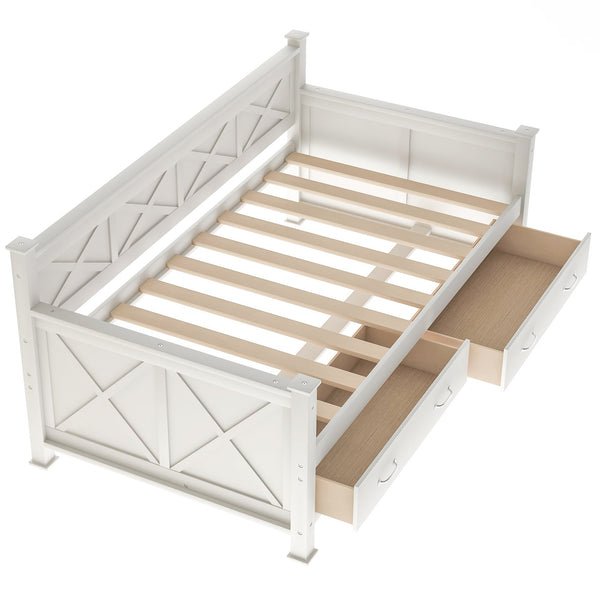 English Elm Twin Solid Wood Daybed with Rustic X Frame, Cream White, Twin Size with 2 Large Under-Bed Drawers and Sturdy Support GX000210AAK