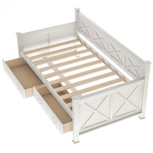 English Elm Twin Solid Wood Daybed with Rustic X Frame, Cream White, Twin Size with 2 Large Under-Bed Drawers and Sturdy Support GX000210AAK