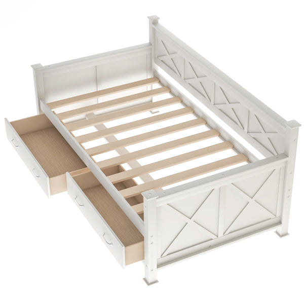 English Elm Twin Solid Wood Daybed with Rustic X Frame, Cream White, Twin Size with 2 Large Under-Bed Drawers and Sturdy Support GX000210AAK