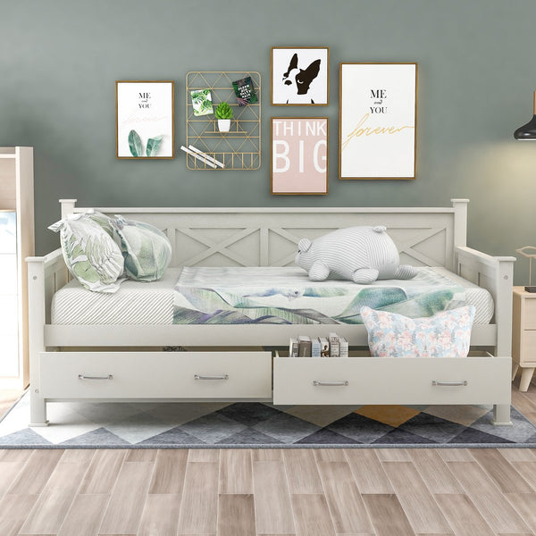 English Elm Twin Solid Wood Daybed with Rustic X Frame, Cream White, Twin Size with 2 Large Under-Bed Drawers and Sturdy Support GX000210AAK