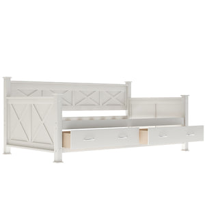 English Elm Twin Solid Wood Daybed with Rustic X Frame, Cream White, Twin Size with 2 Large Under-Bed Drawers and Sturdy Support GX000210AAK
