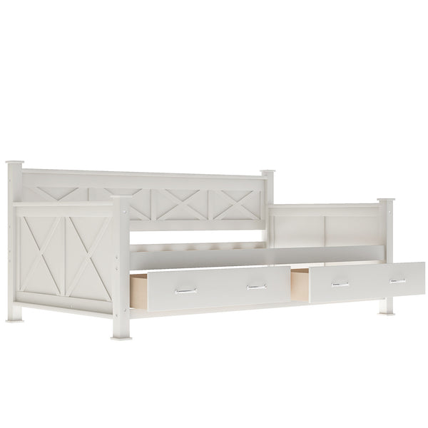 English Elm Twin Solid Wood Daybed with Rustic X Frame, Cream White, Twin Size with 2 Large Under-Bed Drawers and Sturdy Support GX000210AAK
