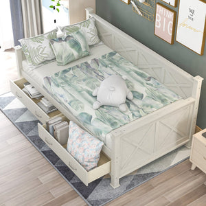 English Elm Twin Solid Wood Daybed with Rustic X Frame, Cream White, Twin Size with 2 Large Under-Bed Drawers and Sturdy Support GX000210AAK