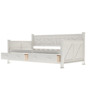 English Elm Twin Solid Wood Daybed with Rustic X Frame, Cream White, Twin Size with 2 Large Under-Bed Drawers and Sturdy Support GX000210AAK