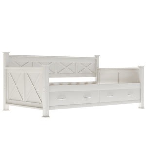 English Elm Twin Solid Wood Daybed with Rustic X Frame, Cream White, Twin Size with 2 Large Under-Bed Drawers and Sturdy Support GX000210AAK