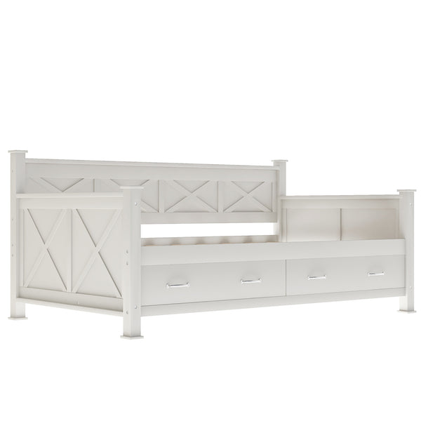 English Elm Twin Solid Wood Daybed with Rustic X Frame, Cream White, Twin Size with 2 Large Under-Bed Drawers and Sturdy Support GX000210AAK