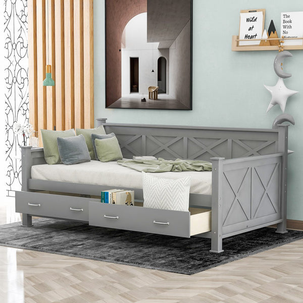 English Elm Twin Daybed with X-Frame & 2 Large Drawers, Solid Wood MDF Twin Bed for Small Rooms Gray 39" GX000210AAE