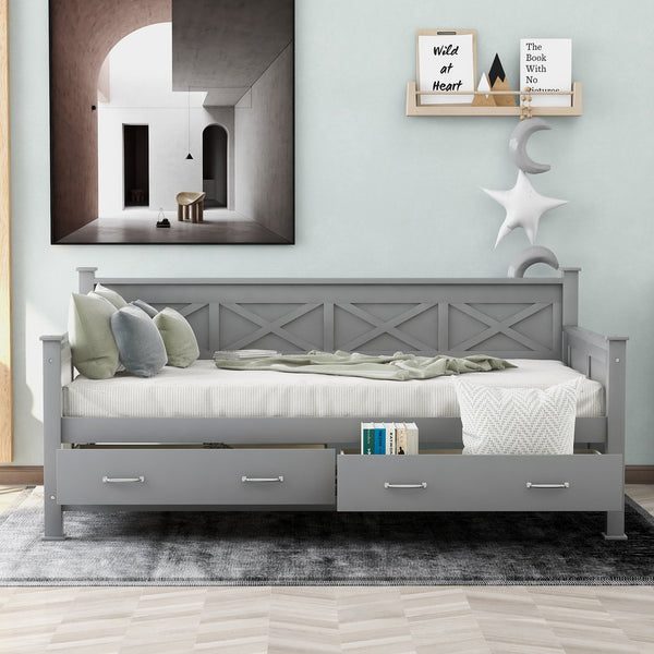 English Elm Twin Daybed with X-Frame & 2 Large Drawers, Solid Wood MDF Twin Bed for Small Rooms Gray 39" GX000210AAE