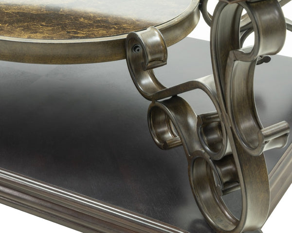English Elm Cocktail Table Tempered Glass Top Marble Shelf Scrolled Metal Legs Living Room W48720760