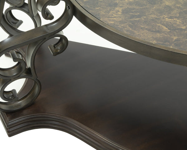 English Elm Sofa Table with Beveled Glass Top Scrollwork Metal Base and Marble Shelf Entryway Accent W48720762
