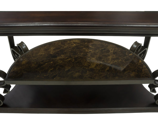 English Elm Sofa Table with Beveled Glass Top Scrollwork Metal Base and Marble Shelf Entryway Accent W48720762