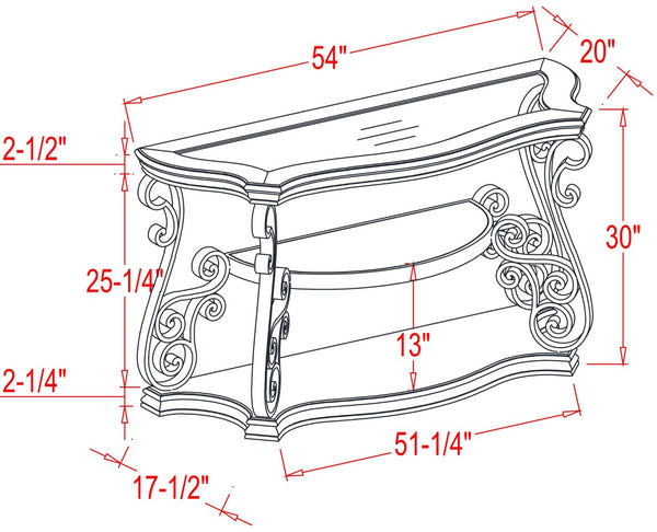 English Elm Sofa Table with Beveled Glass Top Scrollwork Metal Base and Marble Shelf Entryway Accent W48720762