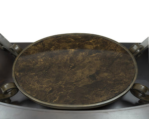 English Elm Cocktail Table Tempered Glass Top Marble Shelf Scrolled Metal Legs Living Room W48720760