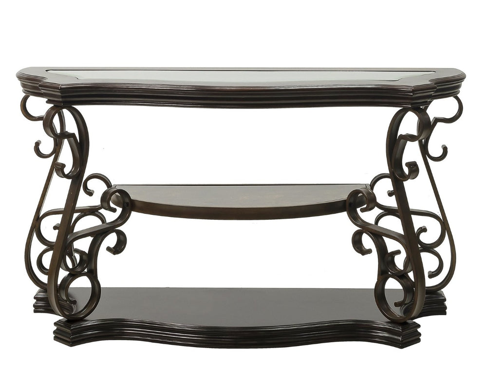 English Elm Sofa Table with Beveled Glass Top Scrollwork Metal Base and Marble Shelf Entryway Accent W48720762