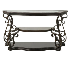 English Elm Sofa Table with Beveled Glass Top Scrollwork Metal Base and Marble Shelf Entryway Accent W48720762